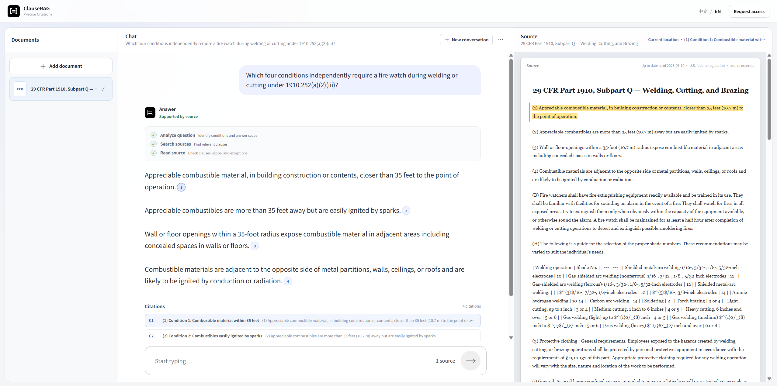 A ClauseRAG answer with citations linked to complete source clauses.