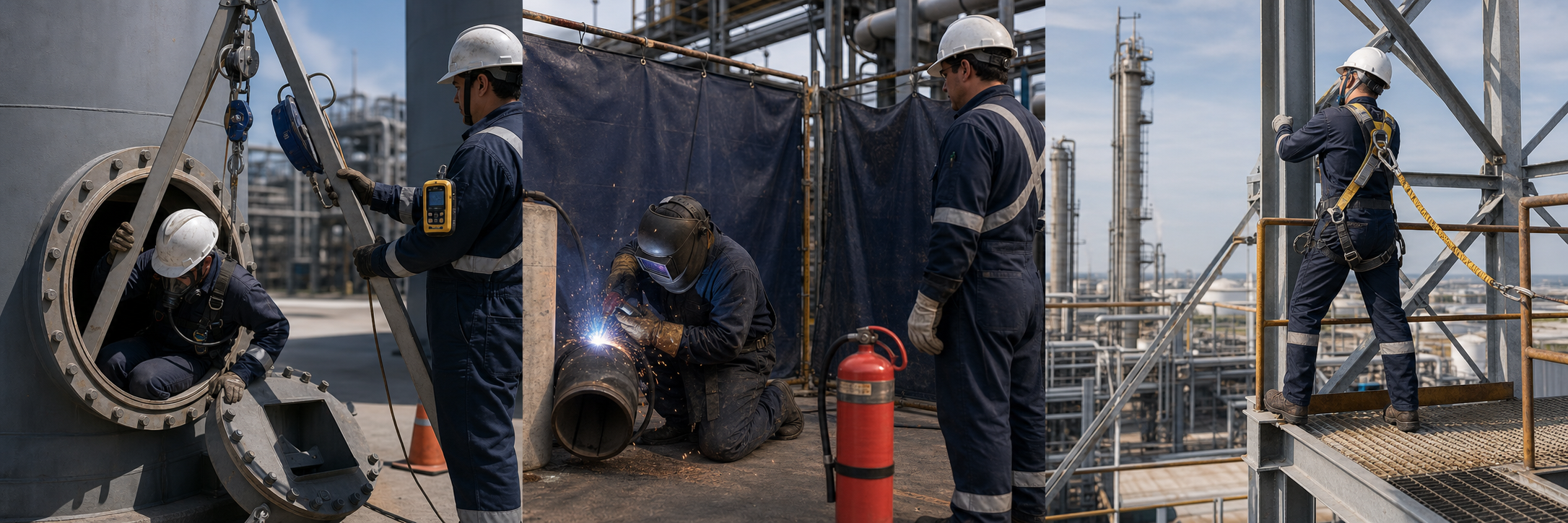 Confined-space entry, hot work, and work at height in a process plant.